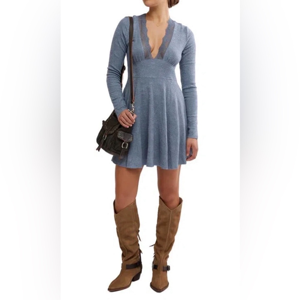 Free People Women's All Yours Long Sleeve Mini Dress, slate blue. SP